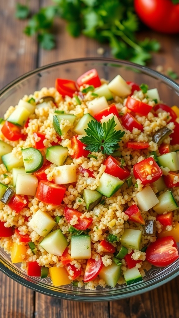 A colorful quinoa salad with cucumbers, cherry tomatoes, bell peppers, and parsley in a clear bowl on a wooden table.